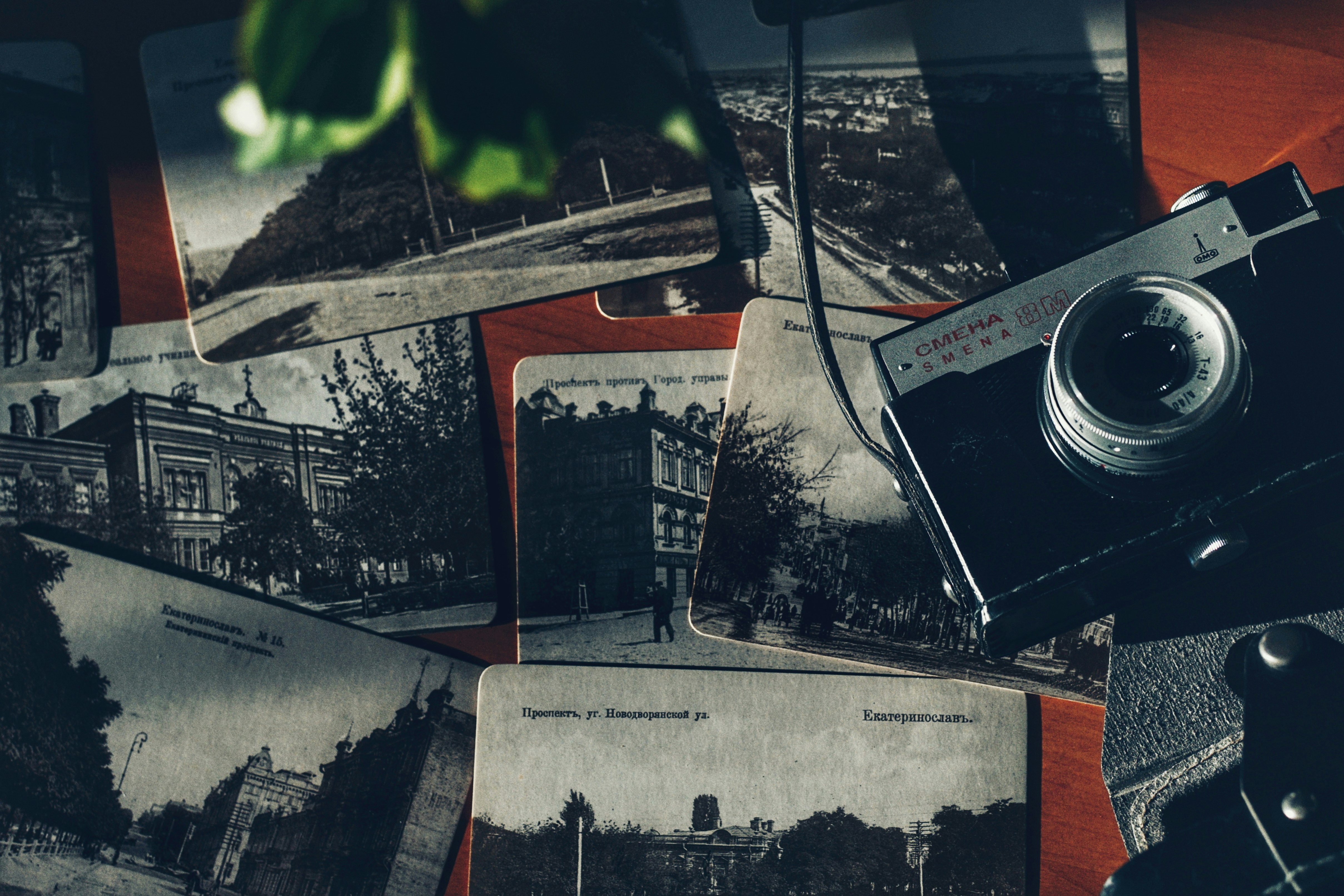 black and white camera on white and red textile